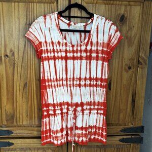 Michael Kors Women's XS Red White Tie-Dye Drawstring Waist Tunic Top Dress